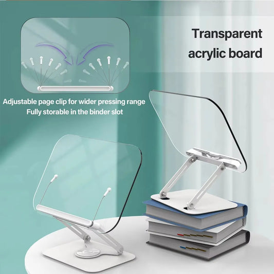 360° Rotating Clear Acrylic Book Stand — Adjustable Height & Angle Reading Rack