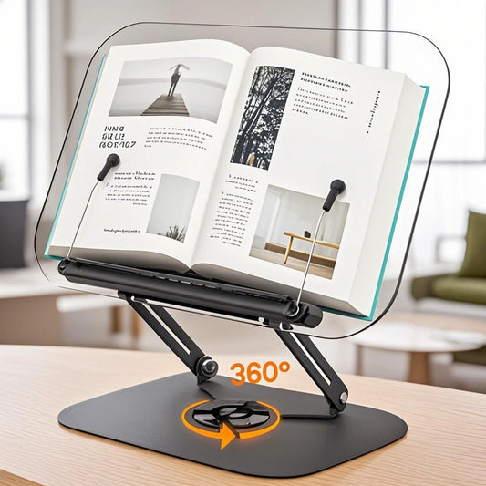 360° Rotating Clear Acrylic Book Stand — Adjustable Height & Angle Reading Rack